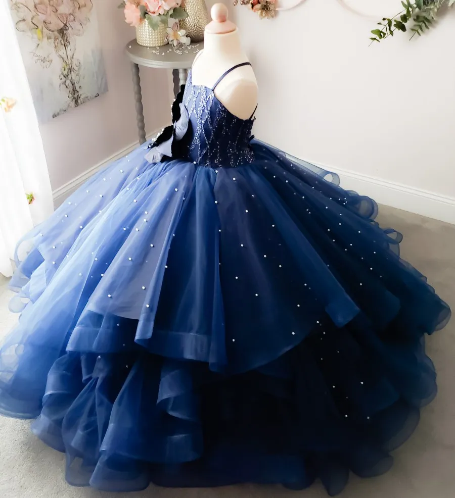 Dark Blue Pearls Little Girls Pageant Dresses Appliqued Ball Gown Flower Girl Dress For Wedding Tulle Tiered First Communion Gowns