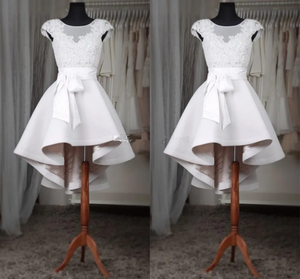White Lace Cocktail Dresses Lovely Hi Low Short Prom Gowns 2019 Short Sleeves Party Dress With Bow From 146 84 DHgate