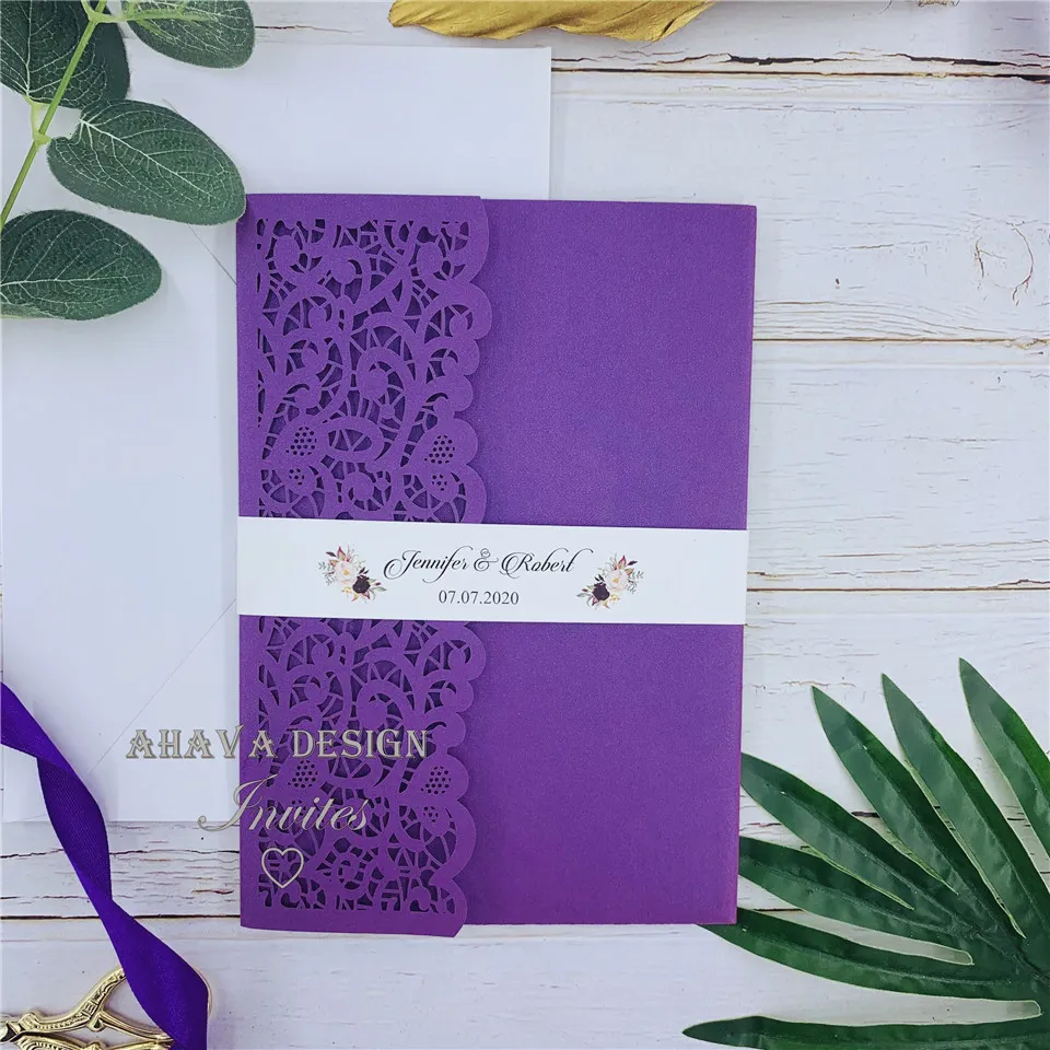 Purple Laser Cut Lace Tri Fold Wedding Invite With Bell Band