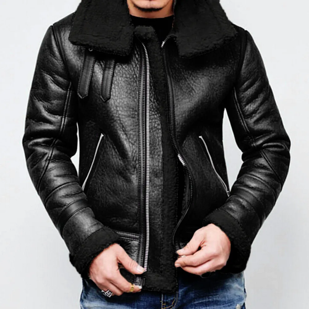 Men Winter Leather Jackets Highneck Warm Fur Liner Lapel Leather Zipper Outwear Coat Thick Warm Jacket Veste Cuir Homme