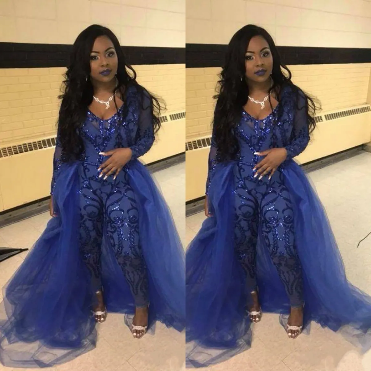 Royal Blue Jumpsuits Prom Dresses V Neck Długie Rękawy Cekinowe suknie wieczorowe z odłączanym pociągiem Plus Size Pagewant Spodnie Party Wear