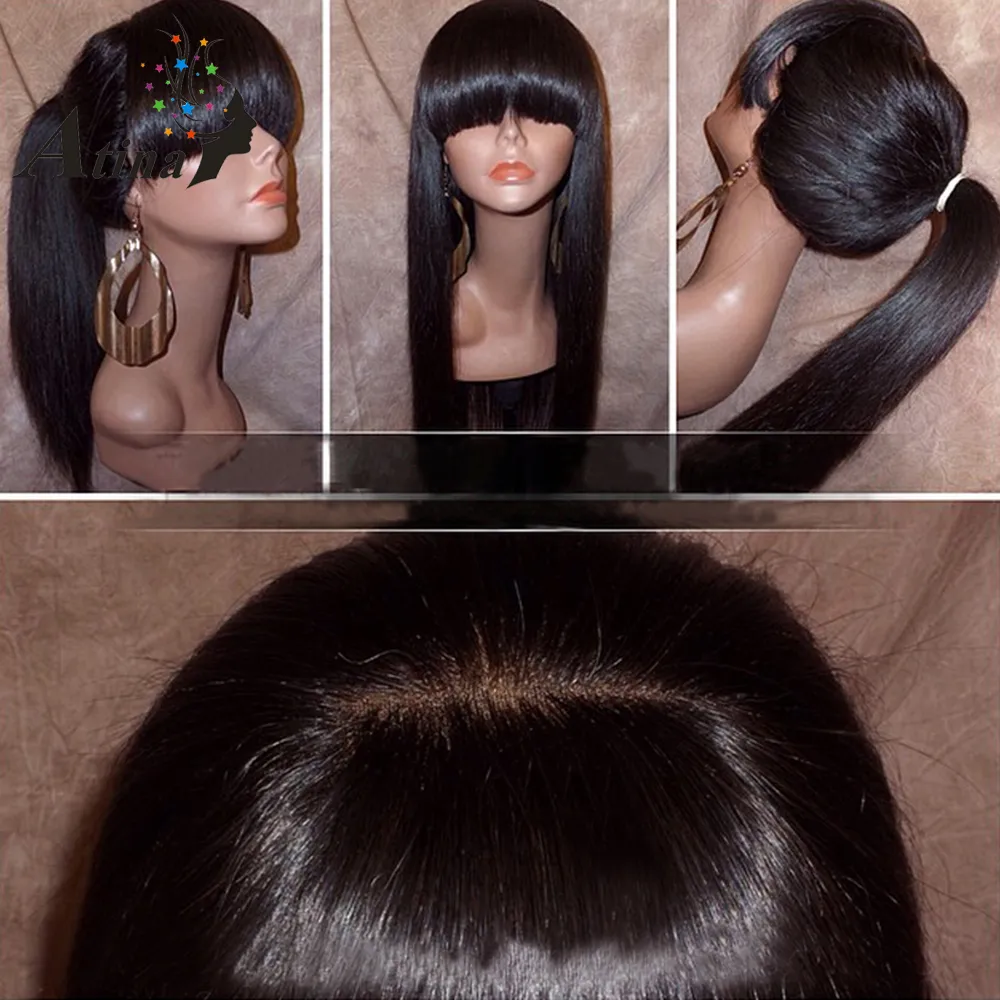 Perucas de cabelo natural longas e retas com franja simulação feminina