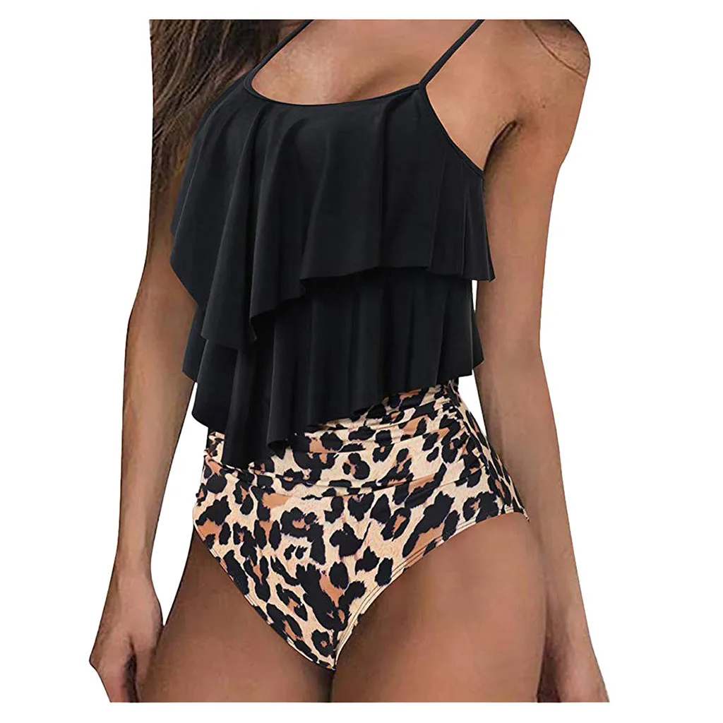 Women Sexy Bikini Set Ruffle High Waisted Swimsuits 2 Piece Spaghetti Straps Tankini Leopard Printed Femme Biquini 2020 #T1G