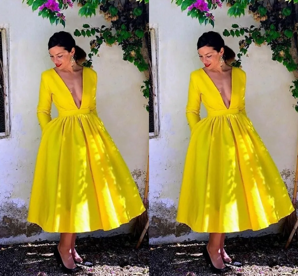 Yellow Tea Length Deep V-neck Cocktail Party Dresses 2022 Fall Winter Long Sleeve Draped Princess A-line Prom Graduation Bridesmaid Dress