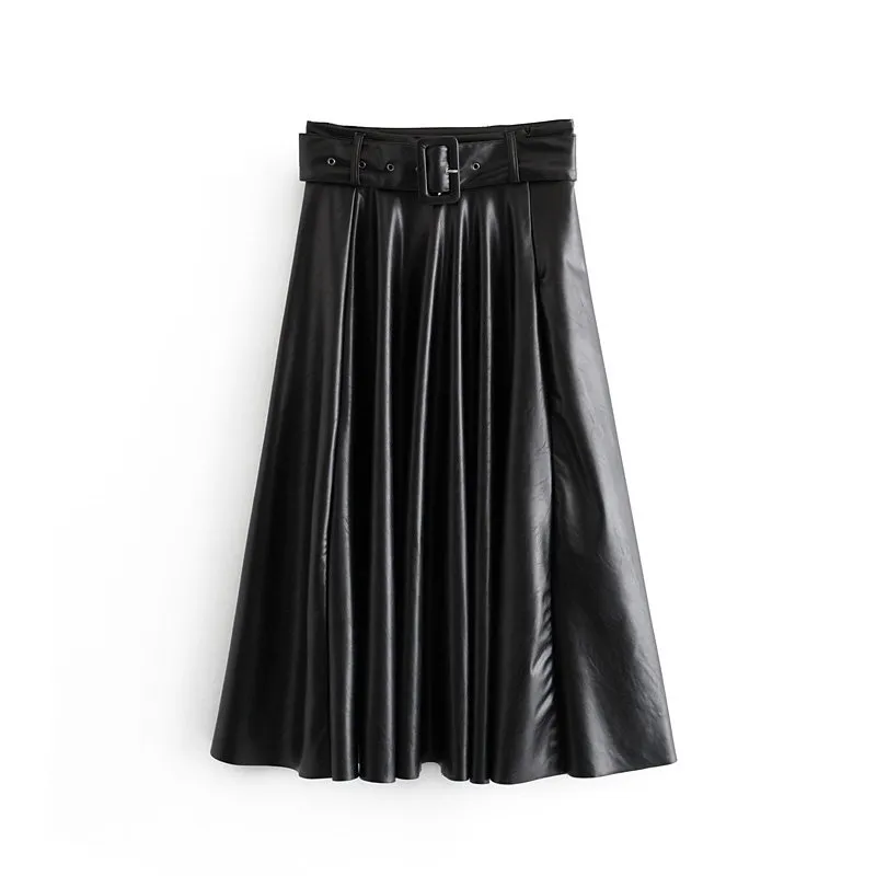 Femmes Vintage Faux cuir jupe avec ceinture 2019 élégant bureau dames noir PU Midi jupe mode plissé décontracté dames jupes