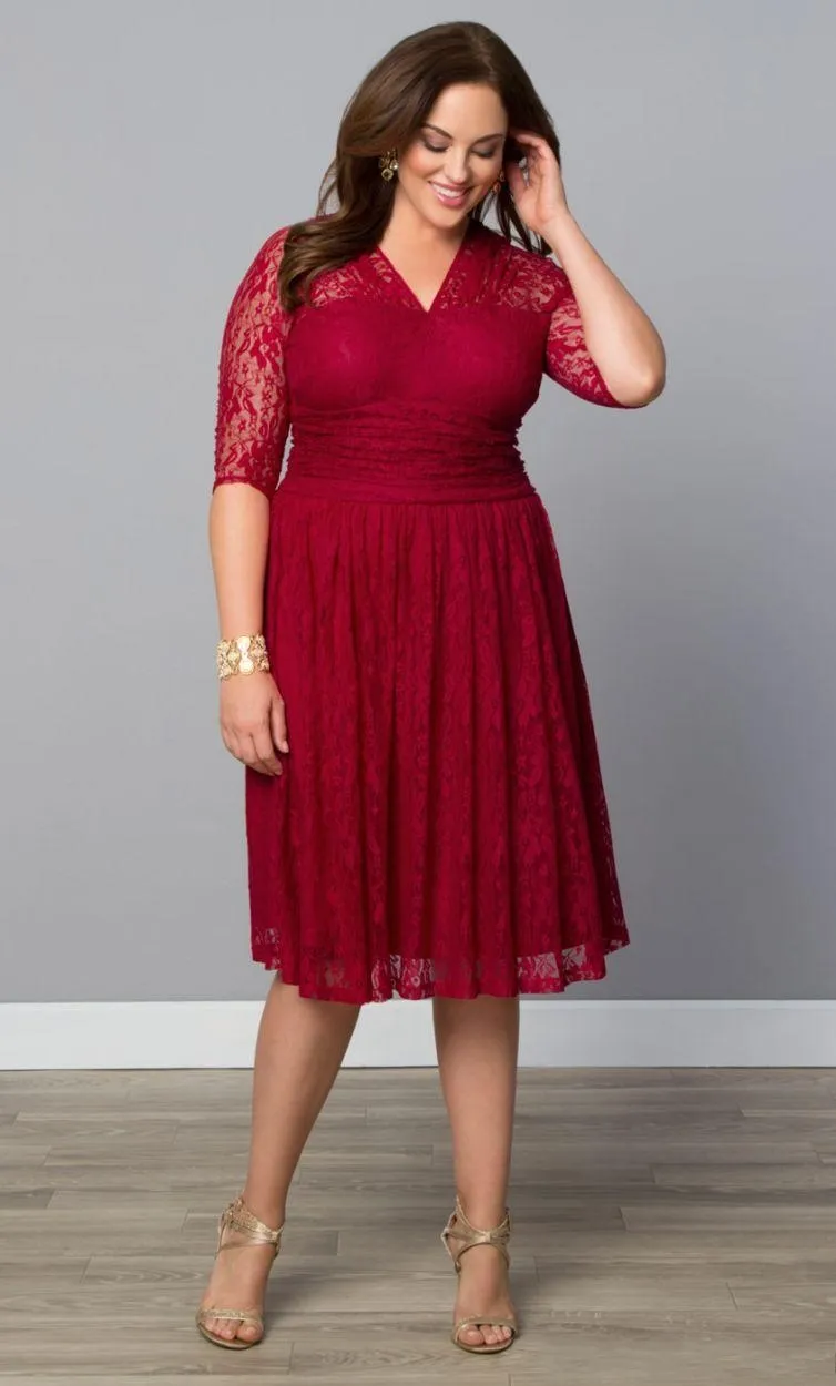 Crimson mode plus size spets afton klänningar te längd v-hals cocktail party brudtärna med rena ärmar mamma klänningar speciellt tillfälle