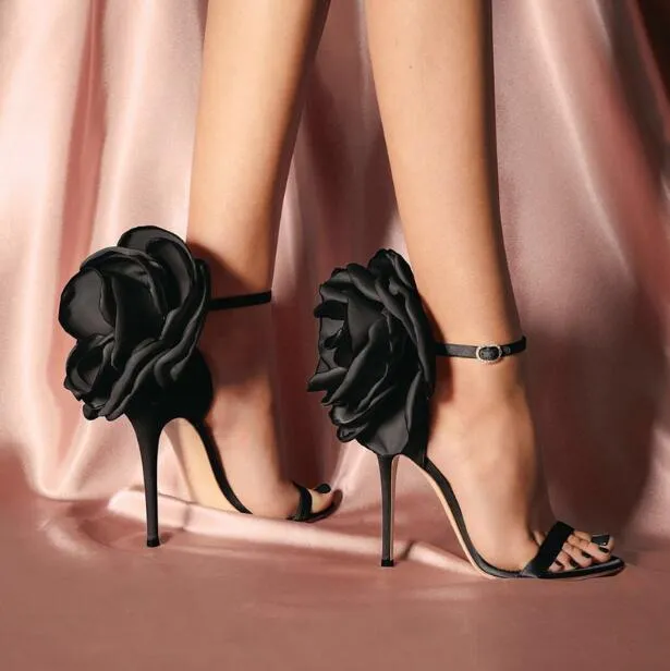 Sexy stiletto Women Satin Dress Shoes Buckle Flowers open toes Sandal Stage Show High Heels Shoes Women party Sandals