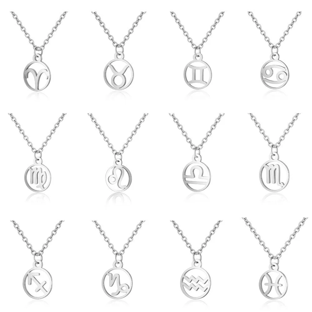 12 Constellation Zodiac Sign Halsband för kvinnor Rostfritt stål Silver Link Chain Leo Libra Aries Circle Hänge Horoskop Astrologi Smycken