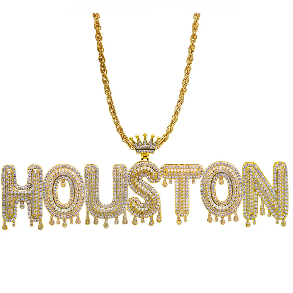 Hip Hop benutzerdefinierte Namenskette funkelnde Krone Tropfen Brief Anhänger Tennis Kette Halskette für Männer Frauen Gold Silber