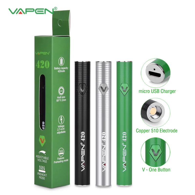 VAPEN 420 Preriscaldamento VV Cartucce Batteria 420mAh Tensione variabile Preriscaldamento regolabile Smartcart MAX BUD Carica micro USB 510 ego Atomizzatori