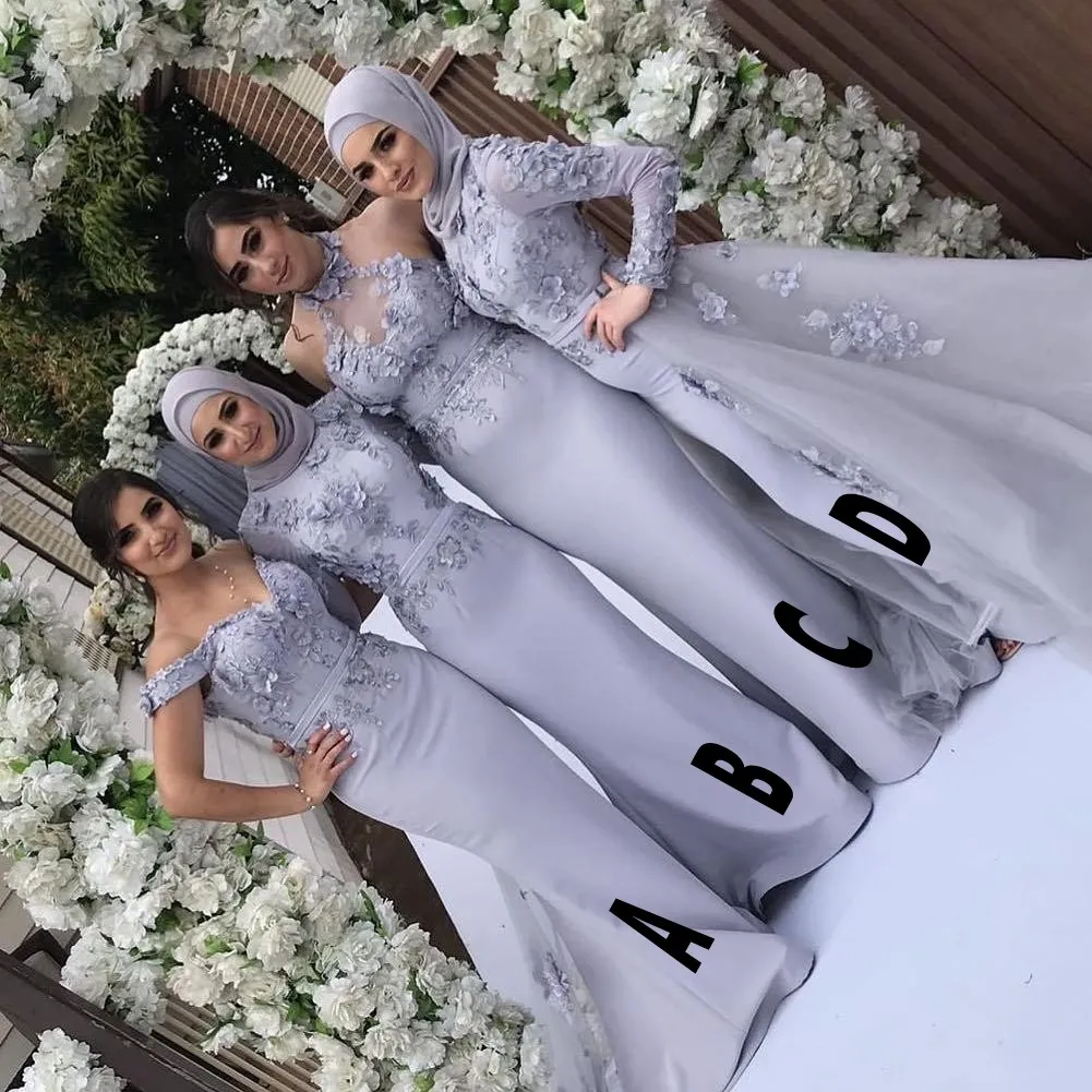 2019 Nowe Tanie Druhna Dresses Druhna Lawenda Syrenka Koronki 3D Aplikacje Długość Długość Piętra Wedding Weź Maid of Honor Formal Suknie