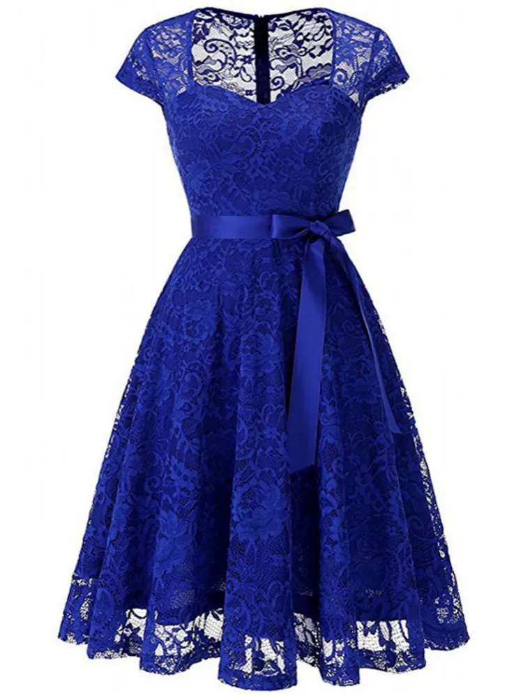 Summer Women Midi Dress 2019 Elegant Lace Short Sleeve Casual