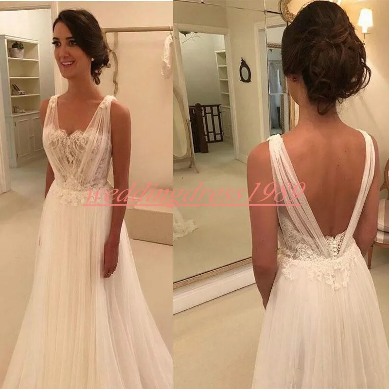Romantisk spets Spring Beach Bröllopsklänningar 2019 Trädgård Tulle Sheer Mariage Arabiska Bridal Ball Gown för Bride Plus Storlek Robe de Mariée