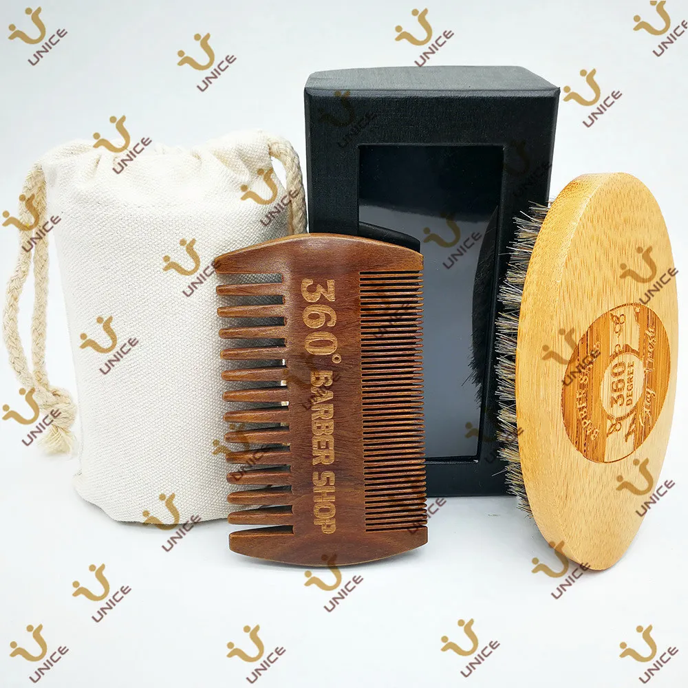 MOQ 50 ensembles personnaliser LOGO barbe Kit brosse et fines dents grossières vert santal peignes ensemble avec boîte-cadeau sac