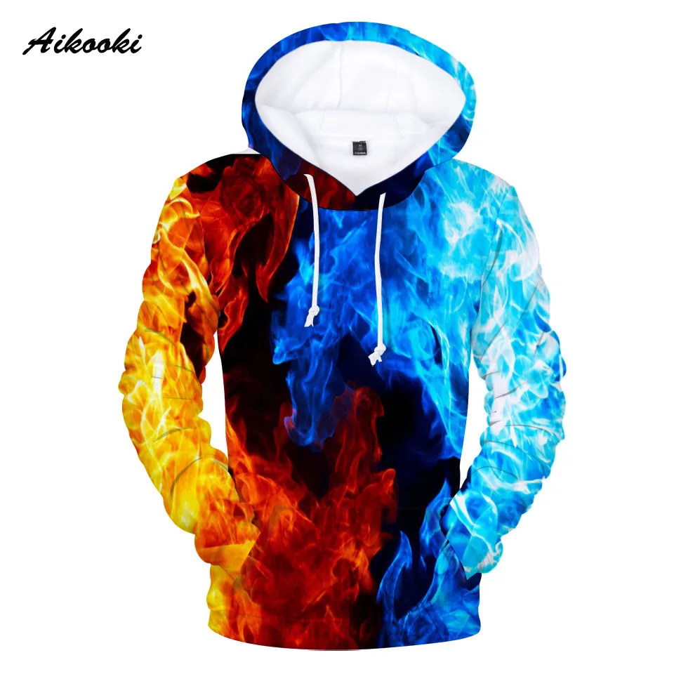 AIKOOKI GEEL EN BLAUWE 3D Fire Hoodies Mannen Sweatshirts Vrouwen Hoodies 3D Fire Print Mode Winter Hooded Pollulums Male Hoody