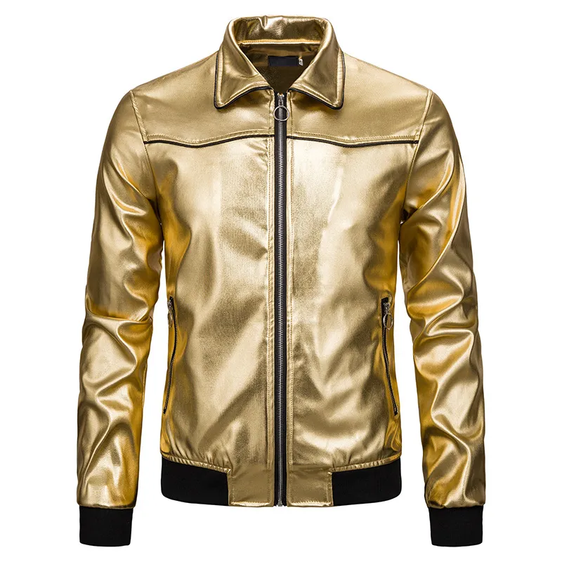 Men's Gold Metallic Nightclub Jacket Slim Fit Zip Up Varsity Baseball Bomber Jacket Men Shiny Party Dance Disco Jackets Coats