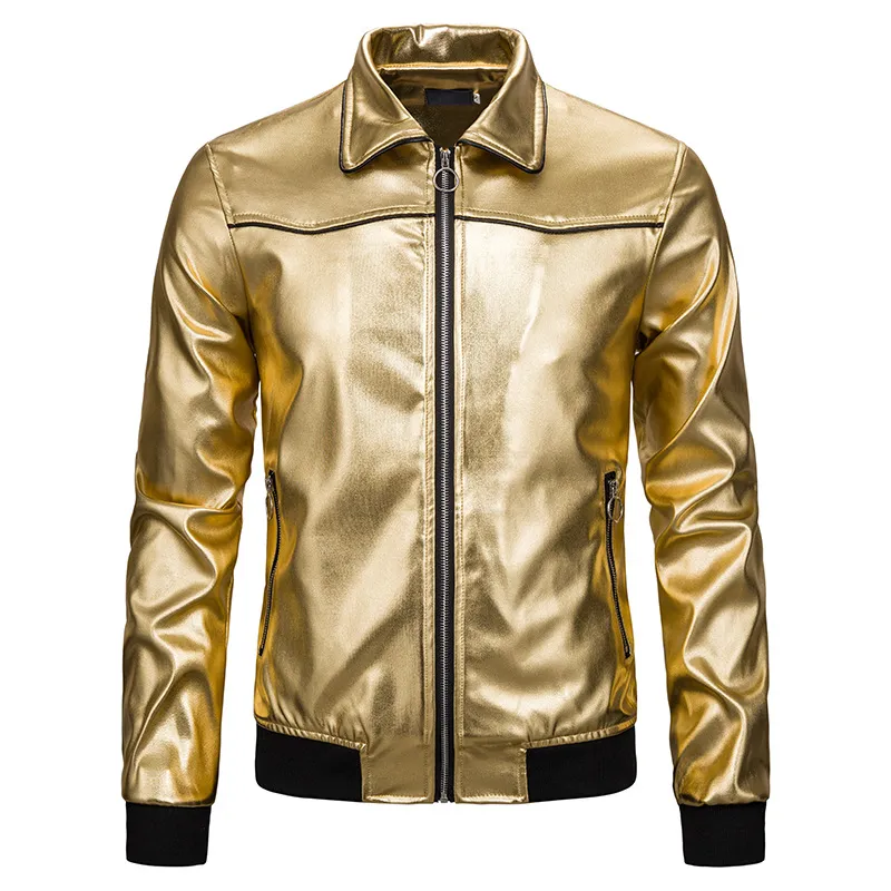 Herrguld metallisk nattklubbjacka Slim Fit Zip Up Varsity Baseball Bomber Jacket Men Shiny Party Dance Disco Jackor Rockar