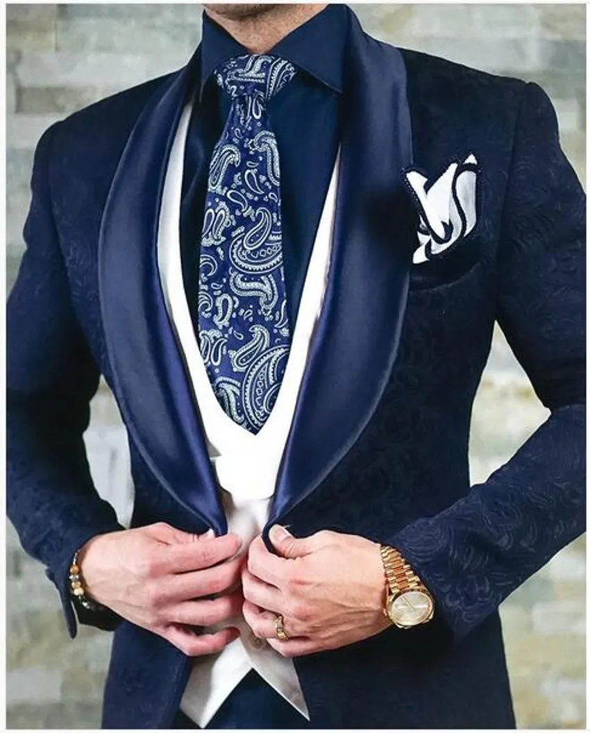 Marineblauw embossing bruidegom smoking sjaal revers groomsman bruiloft mode 3 stuk pak heren business prom jas blazer (jas + broek + tie + vest)