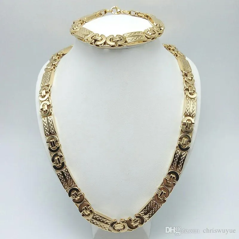 Set di gioielli bizantini piatti personalizzati placcati in oro 18 carati, collana e bracciale in acciaio inossidabile argento con larghezza 11 mm per uomo NP277