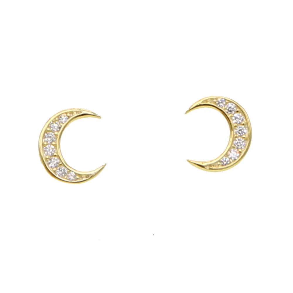 Wholesale- silver moon stud earring paved clear cubic zirconia cz stone lovely sweet small crescent moon stud for girl