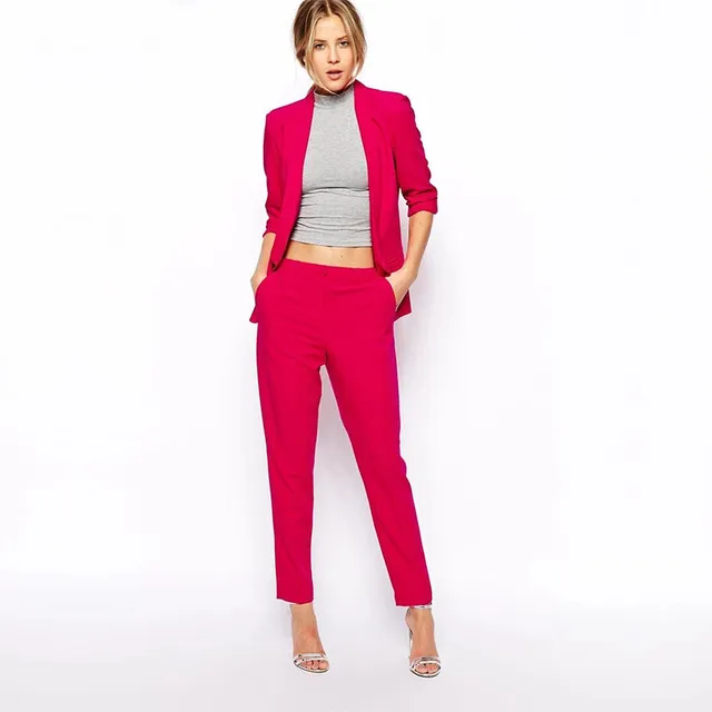 Abiti da lavoro da donna rosso rosa Abiti da ufficio femminili formali slim fit da donna Autunno 2 pezzi Blazer