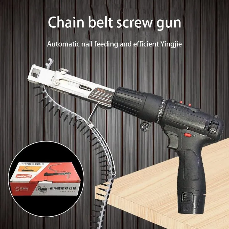 Automatic Chain Nail Gun Adapter Chain Screw Gun for Electric Drill Woodworking Tool Cordless Power Drill Attachment Kit