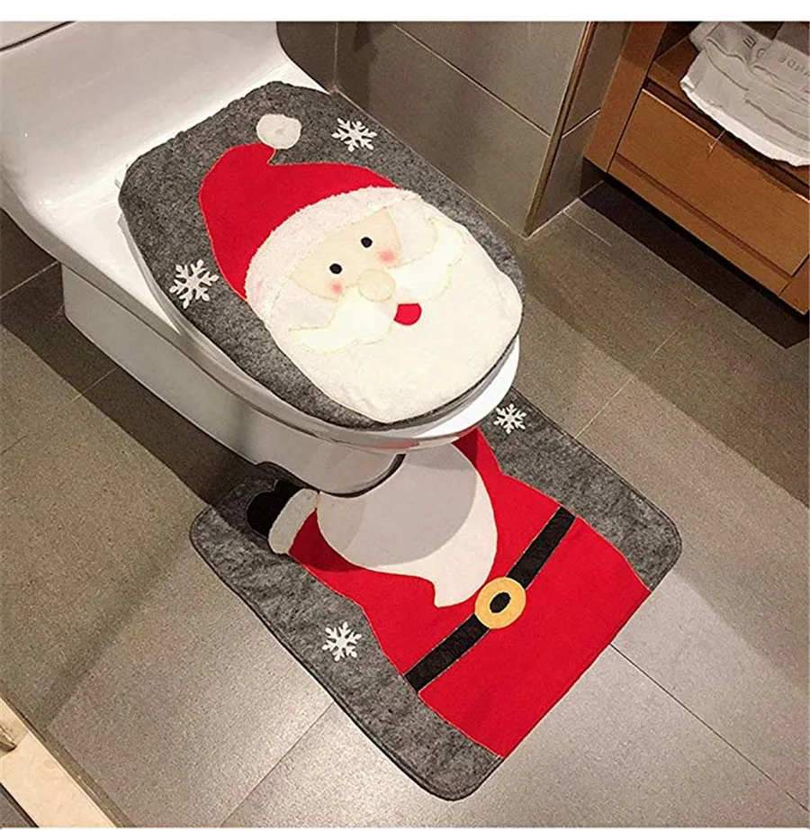 party & accessories Christmas Snowman Santa Deer Toilet Seat Cover and Rug Set Red Christmas Decorations Bathroom (Santa Claus)