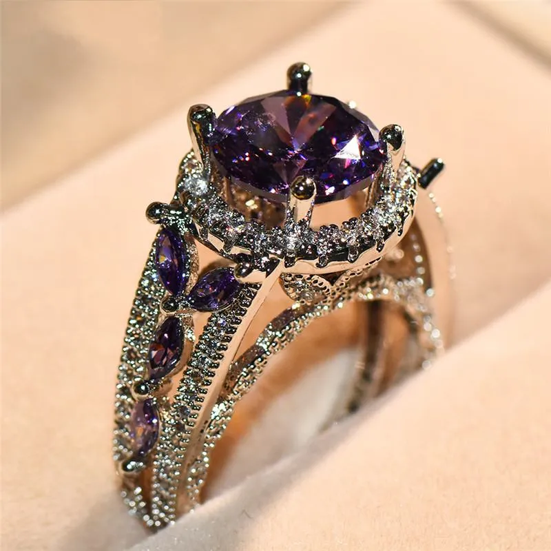 Vintage Elegante Pietra Rotonda Feb Birthstone Anelli di Pietre Preziose Viola per Le Donne Anello di Barretta d'argento Gioielli da Sposa Amante Regali