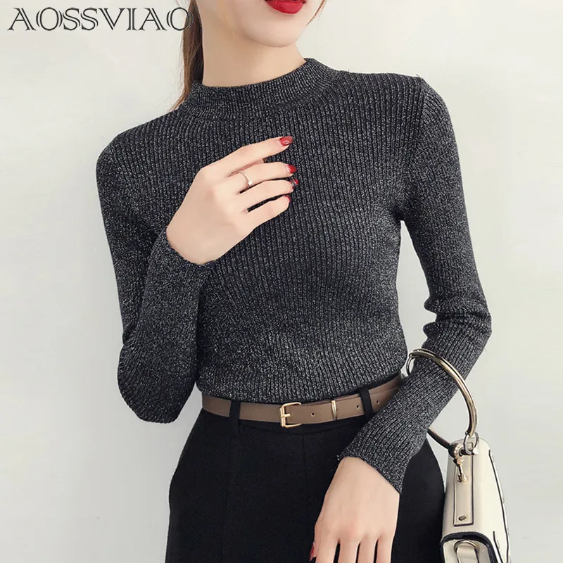 Camisola do inverno brilhante Lurex Outono Mulheres manga comprida Pullover Mulheres Camisolas básicas Turtleneck coreano Estilo Knit Tops Femme