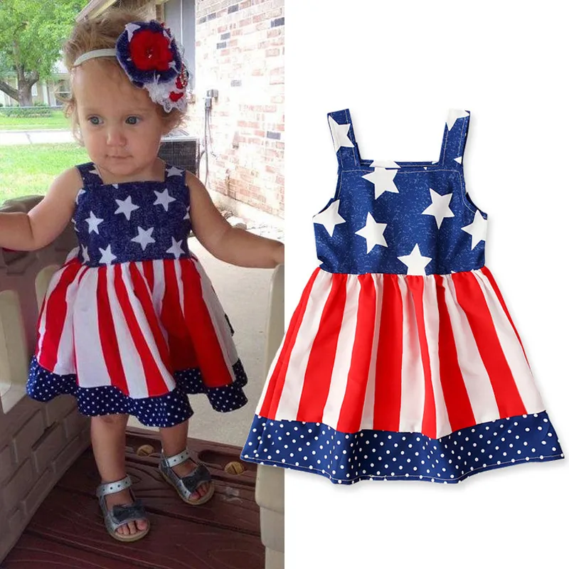 Kids Independence Day Dress Girls Star Stripe Baby Suspenders Ärmlös Skriv ut Flagg US Amerikanska Princess Klänningar LJJA234