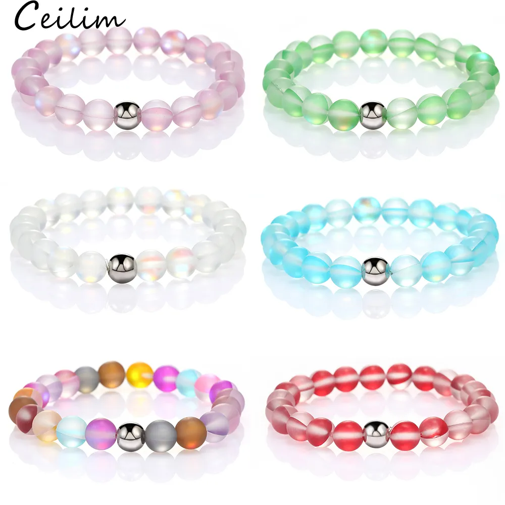 Fashion Design Colorful Glass Crystal Natural Flash Stone Bead Bracelet for Women Men 8mm Dull Polish Frosted Moonstone Elastic Bracelet