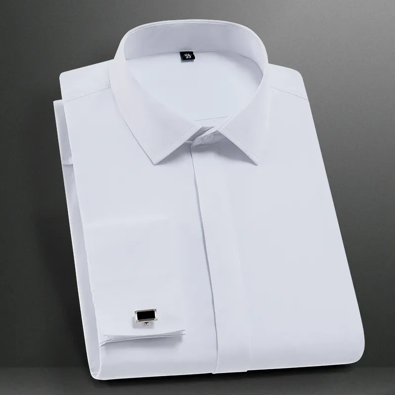 Mäns klassiska franska manschettklänningskjortor långärmad ingen fick Tuxedo manlig skjorta med manschettkroppar211e