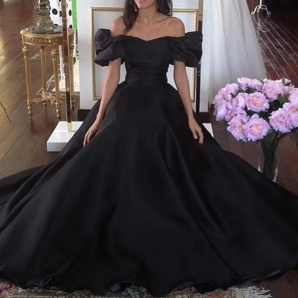 Vestido de noite preto vintage queda 2019 fora do ombro decote mangas plissadas planície cetim vestido de baile vestidos de noite