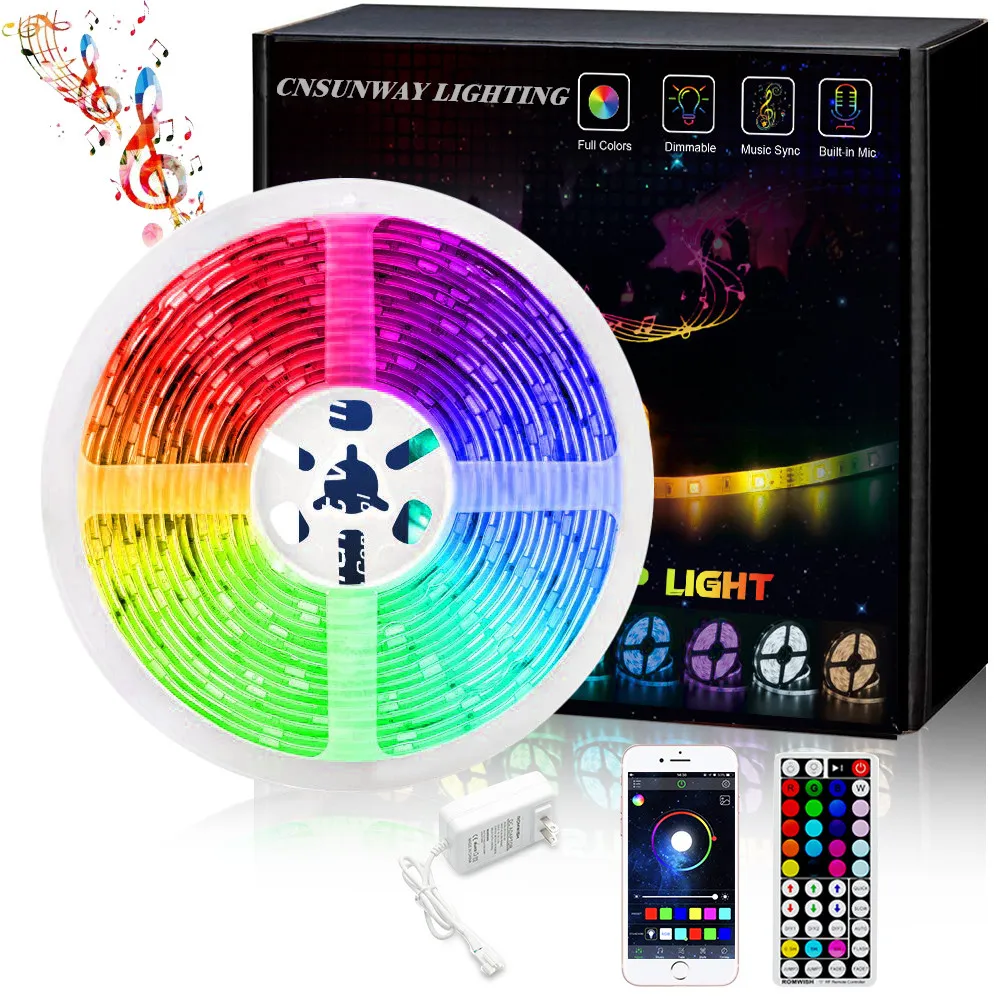 SMD 5050 Strips LED Kit de luces RGB + 44 Keys Control remoto + Controlador Bluetooth + Fuente de alimentación 5V 5A con EU/AU/EE. UU./Reino Unido enchufe