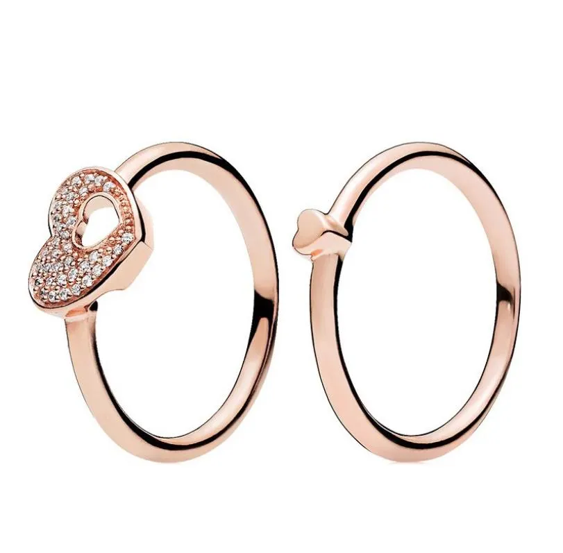 18K Rose gold Shimmering Puzzle Heart Frame Ring Original Box for Pandora 925 Sterling Silver Women men Couple Wedding Rings Set W169