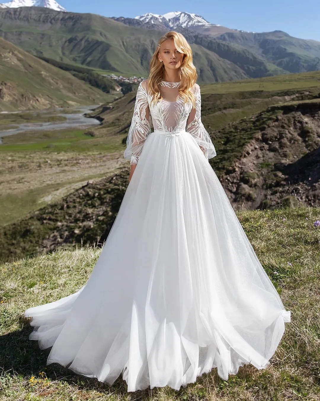 long sleeve a line tulle wedding dress Tulle A Line V Neck Lace Long Sleeves Wedding Dress, PW399 main image 0
