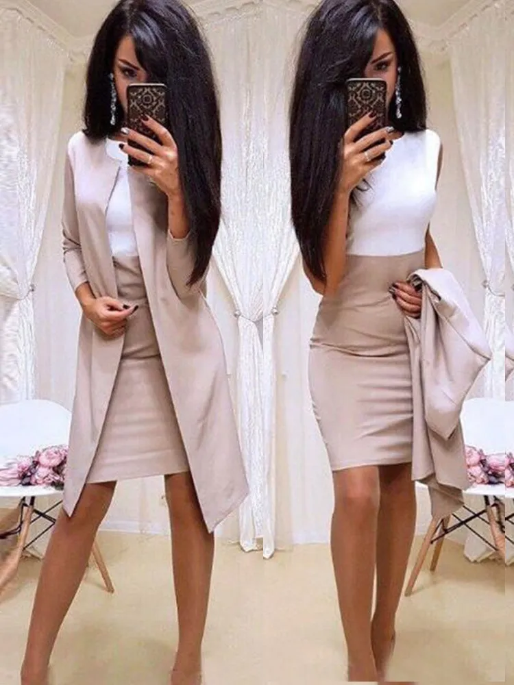 Office Lady Formell Dress 2019 Nya kostymer Business Wear Women Long Blazer Jacket Sheath Dress 2 Piece Women's Sets