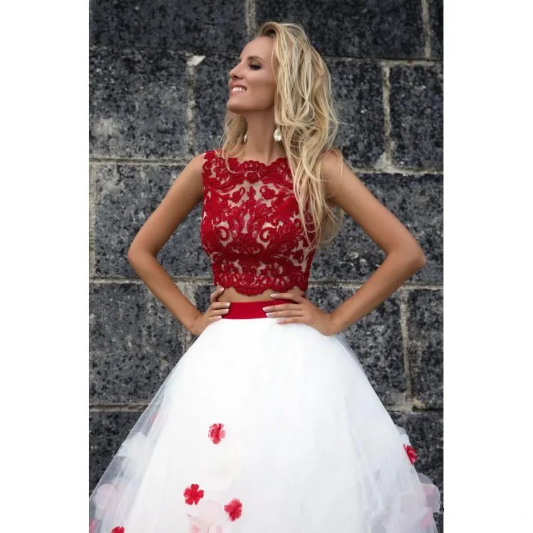 Two Pieces Red and White Prom Dresses A Line Lace Floral Flowers Evening Gowns Jewel Neck Formal Party Dress
