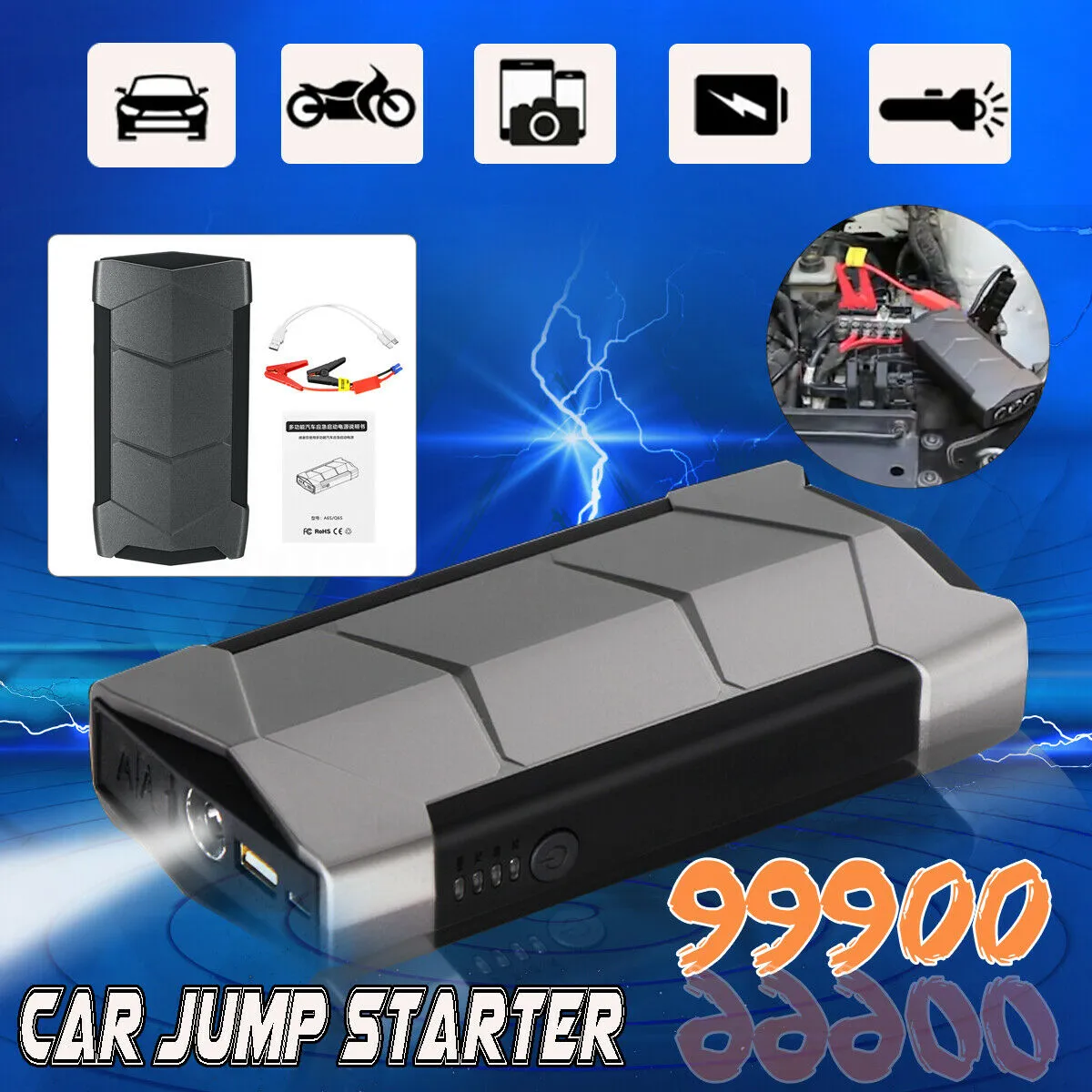 Mini Portable 12V 99900mAh Car Jump Starter Battery USB Charger