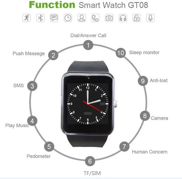 GT08 Reloj inteligente Pantalla táctil Reloj inteligente Podómetro deportivo Rastreador de ejercicios Llamada Android Teléfono Ranura para tarjeta SIM Mensaje push con paquete 2020