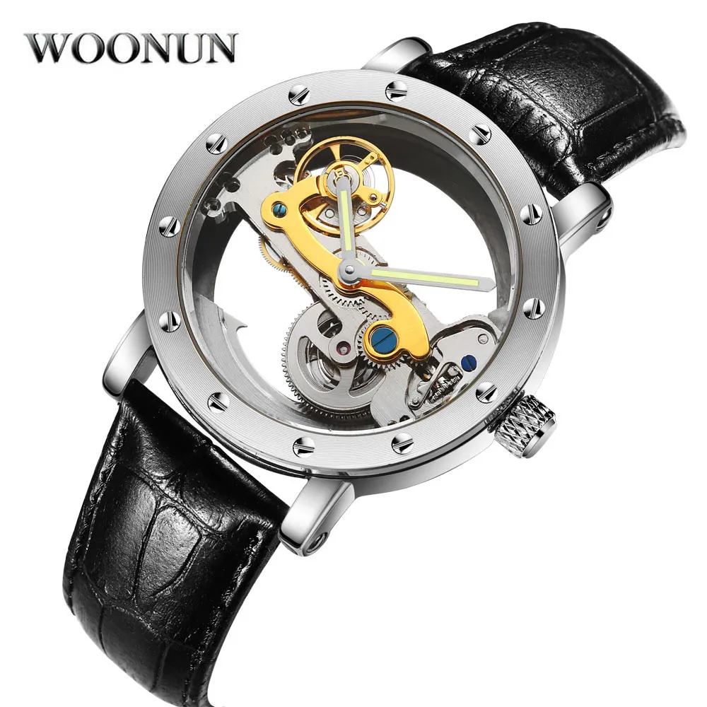 Woonun Waterproof Mechanical Watches Men Transparent Tourbillon Automatic Mechanical Skeleton Wrist Watches Relogio Masculino J190706