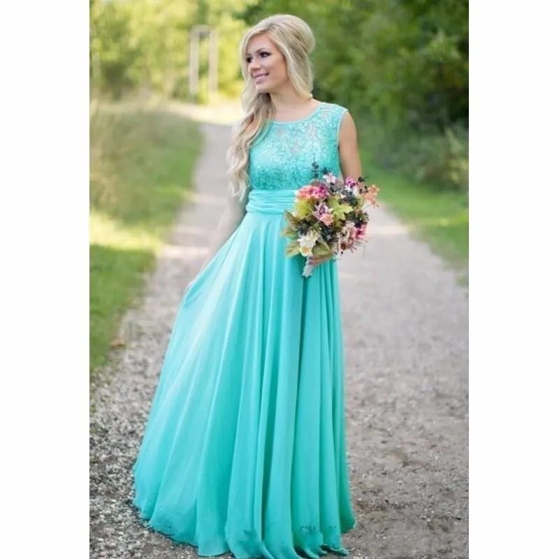 Aqua azul dama de honra vestidos de lantejoulas chiffon vestido de convidado de casamento de verão para o comprimento do assoalho do partido apliques vestidos de dama de honra do laço