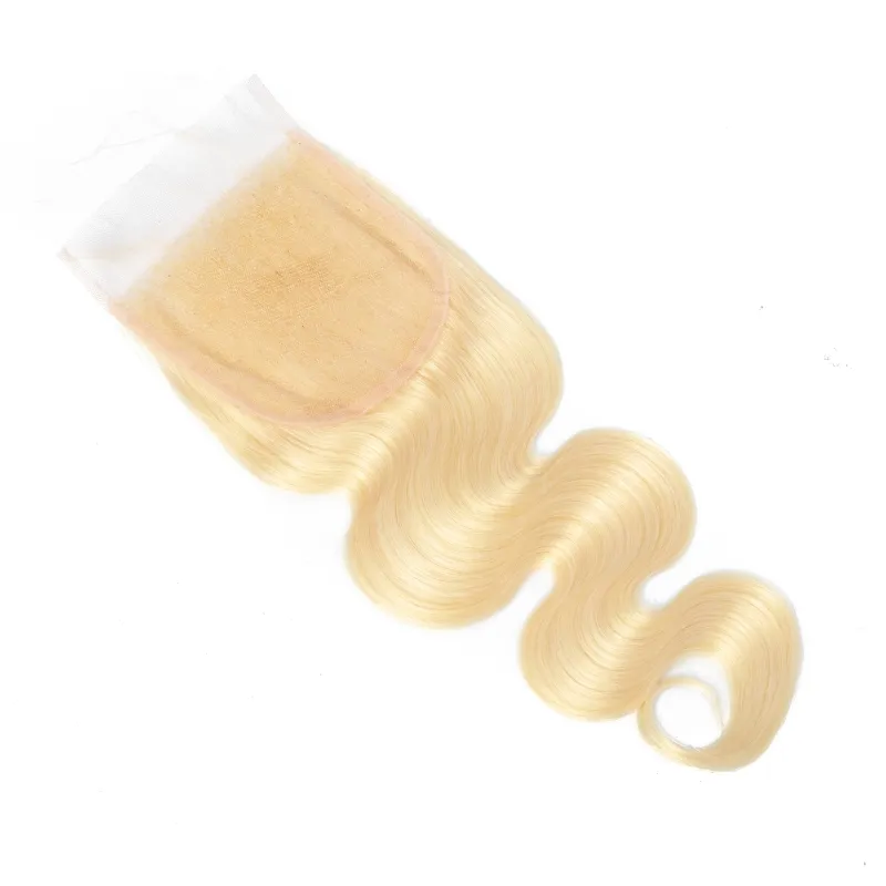 Brasilianska jungfruliga hårförlängningar 4x4 spetsstängning 613# blond kroppsvåg mänsklig hårblond mellersta tre gratis del 10-22 tum