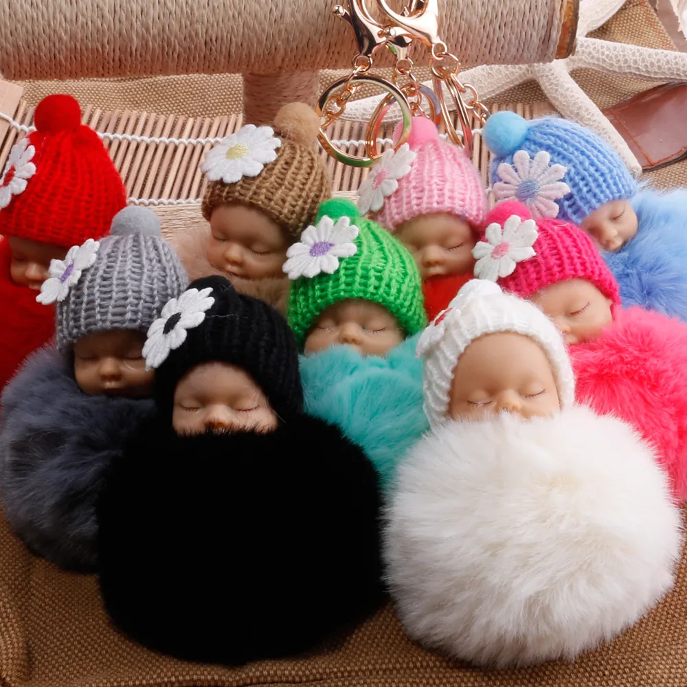 Zima Cute Fluffy Pompom Sleeping Baby Doll Breloki Soft Faux Fur Ball Breloczek Łańcuch Samochód Keyring Cellphone Charm