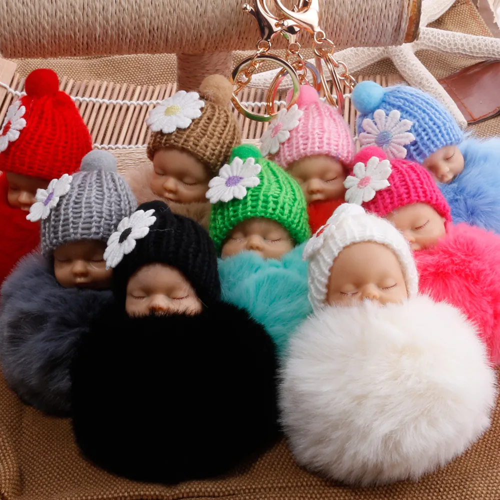 vinter söt fluffig pompom sovande baby docka nyckelringar mjuka faux päls boll hängande nyckelkedja bil nyckelring cellphone charm