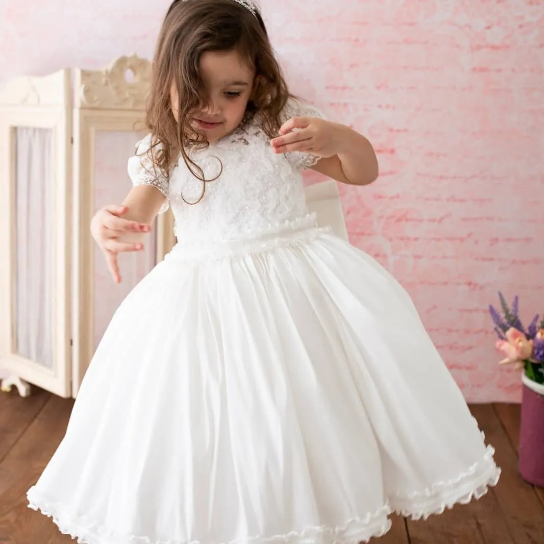 White Pearls Lace Flower Girl Dresses Ankle Length Short Sleeves Little