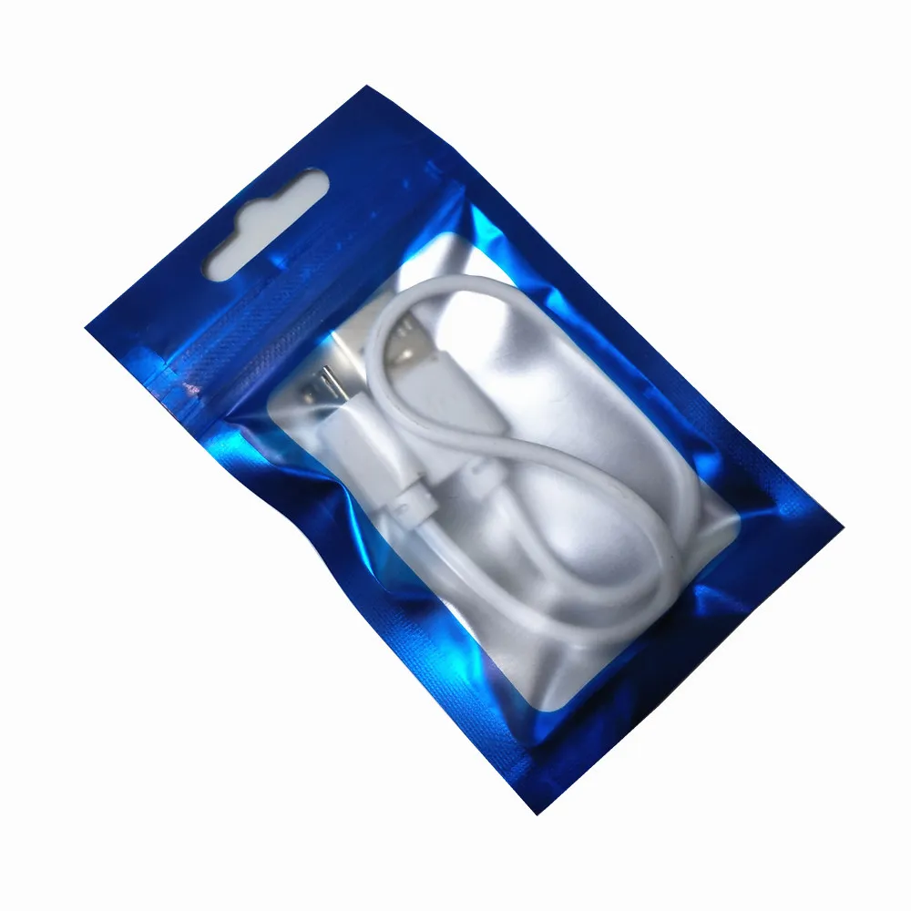 200 unids/lote bolsa de paquete de papel de aluminio azul mate con orificio para colgar bolsa de almacenamiento de comestibles autosellado Mylar línea de datos bolsa con cremallera