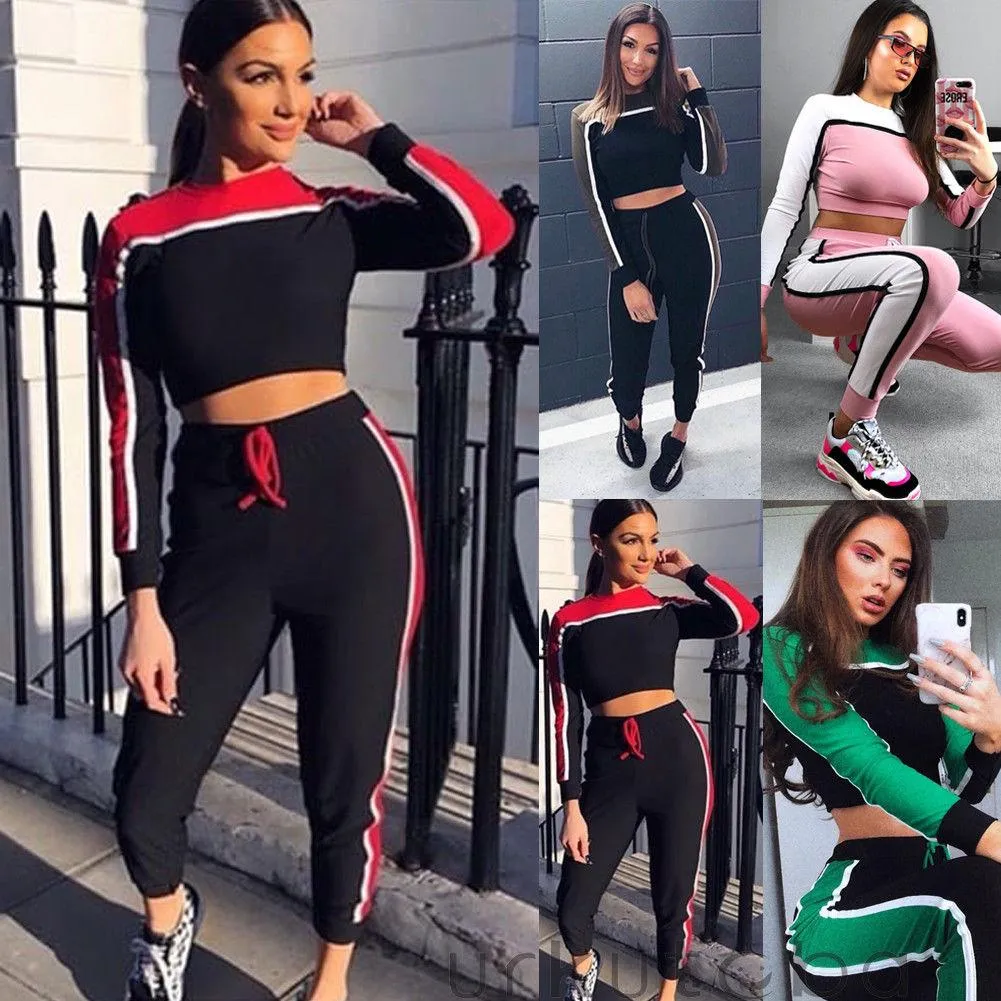 Casual Women's Tracksuit Tights Sportkläder Fitness Suit For Female Clothing Workout Two Piece Jumpsuit långärmad Crop Top Size S-XL