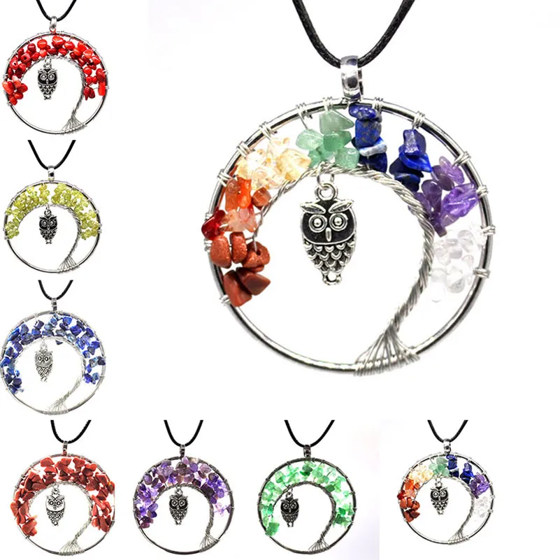 Femmes Femmes Rainbow 7 Chakra Arbre de vie Collier Pendentif Quartz Owl Multicolore Stone Naturel Sagesse Colliers Bijoux