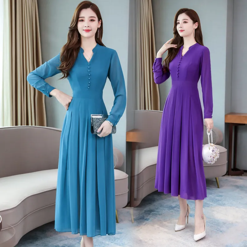 2021autumn Dresses slimming long section collar long-sleeved chiffon solid color pullover dress female, support mixed batch